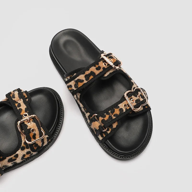 Summer Women Slippers Leopard Print Sandals Thick Sole Platform Shoes Woman 2024 Trend Buckles Ladies Beach Slides Big Size 43