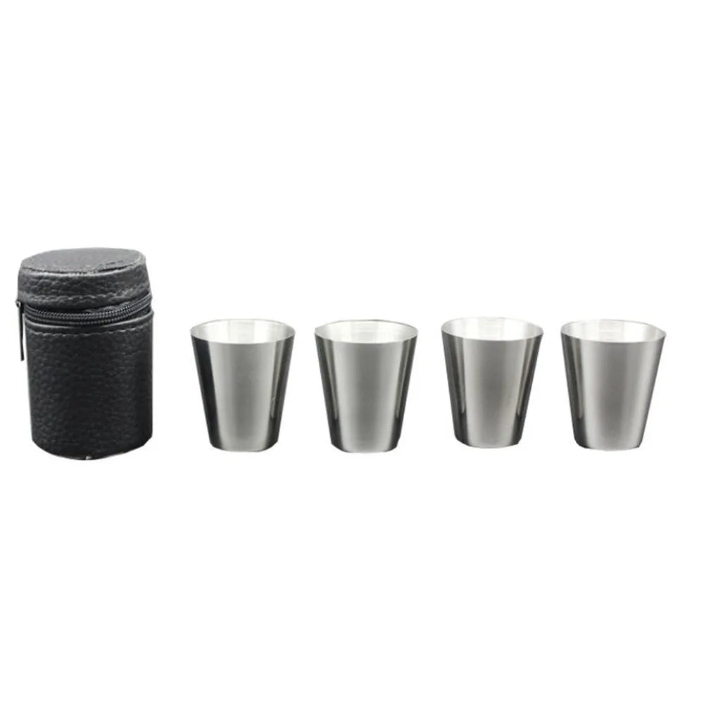 &4Pcs/set Polished 30ML Mini Stainless Steel Shot Glass Cup Wine Drinking Glasses With Leather Cover Bag For Home Kitchen Bar