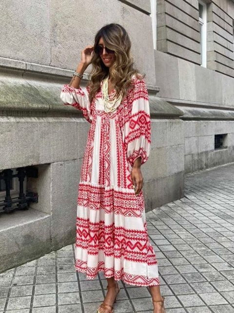 Half Sleeve Women Loose Dress Casual  Floral Printed Vintage Long Dresses Elegant V Neck Drawstring Party Dress Vestidos Mujer