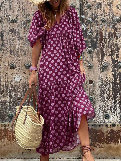 Half Sleeve Women Loose Dress Casual  Floral Printed Vintage Long Dresses Elegant V Neck Drawstring Party Dress Vestidos Mujer