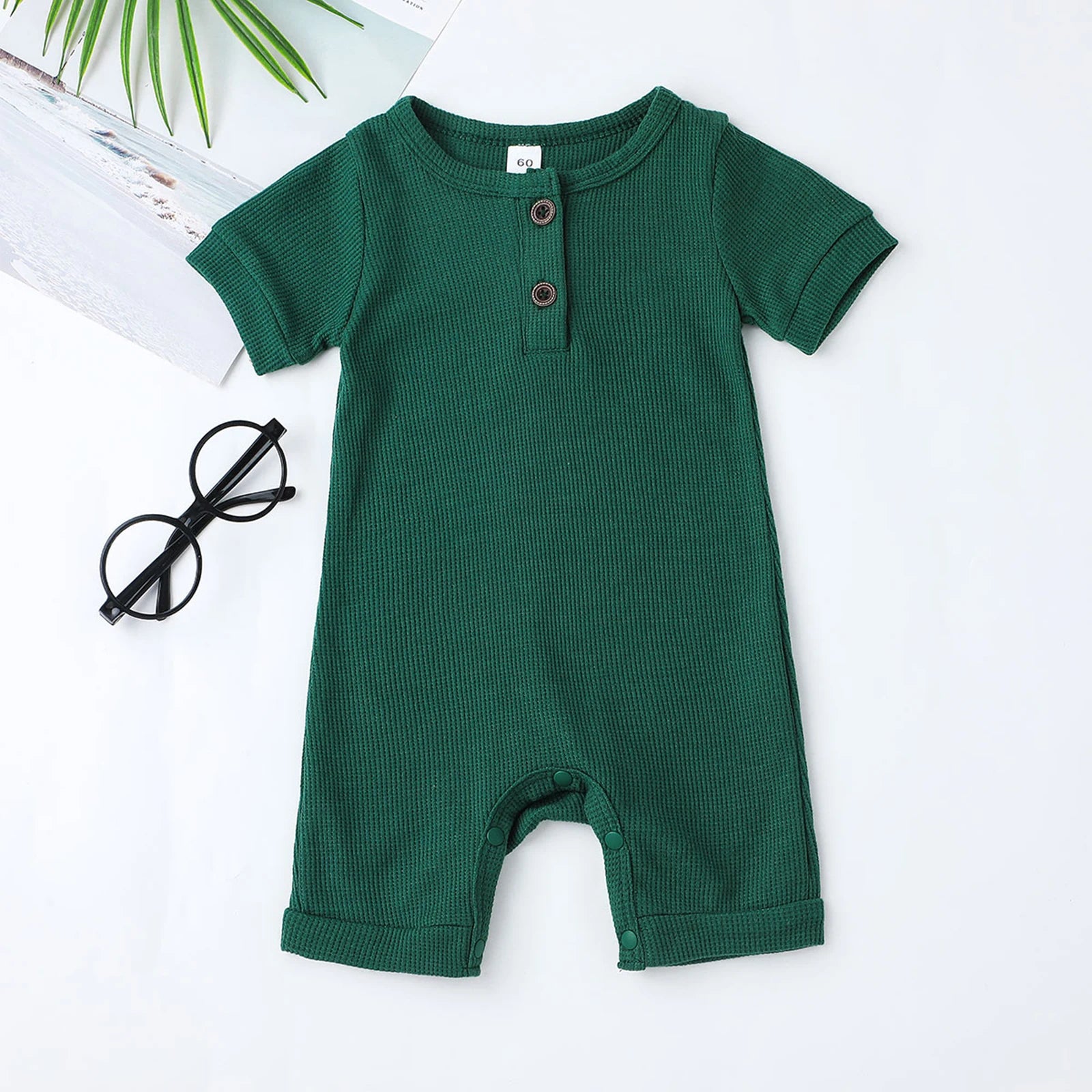 Lovely Baby Girls Boys Romper, Short Sleeve Round Neck Solid Color Ribbed Buttoned Short Pants for Summer Spring, Kids Clothing