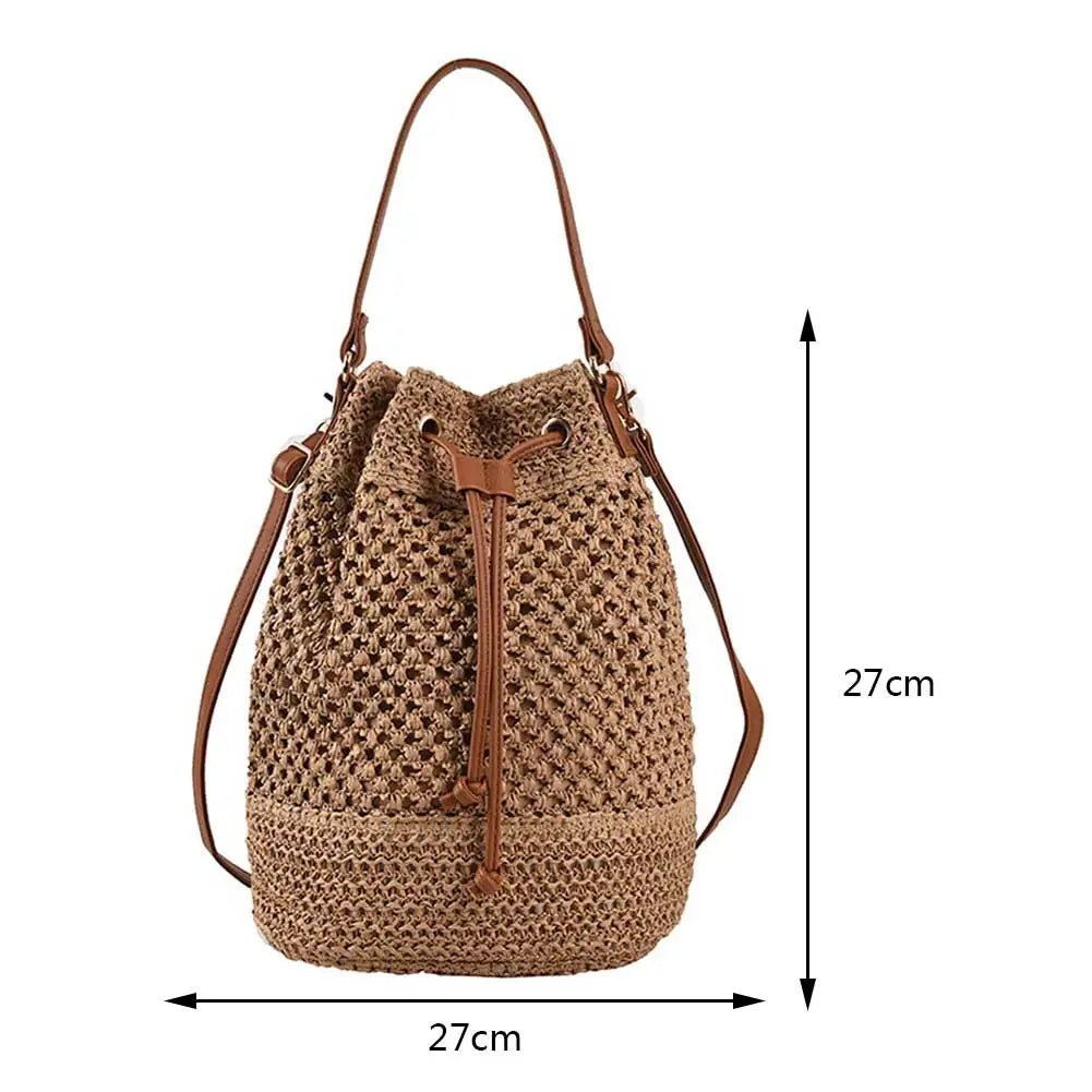 Summer Straw Shoulder Bags Drawstring Women's Straw Bucket Bag Purse Raffia Woven Straw Handbags Casual Boho Beach Crossbody Bag