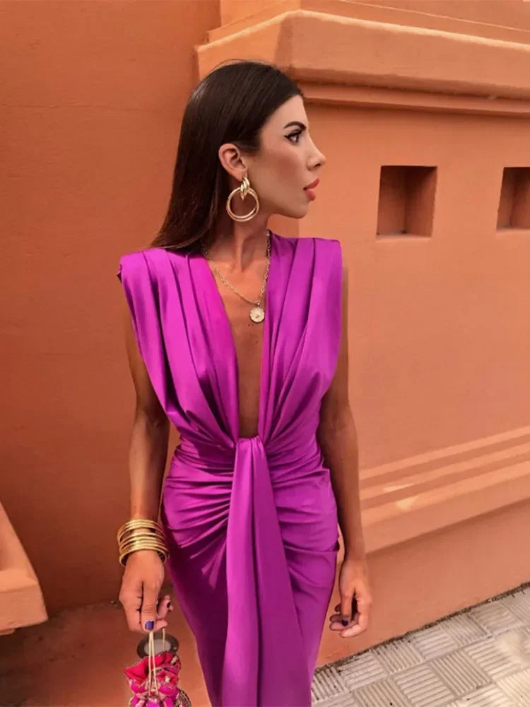 Elegant Solid Pleated Slim Sleeveless Midi Dress Women Sexy Deep V Neck High Slit Robe 2024 Summer Chic Lady Party Street Wear