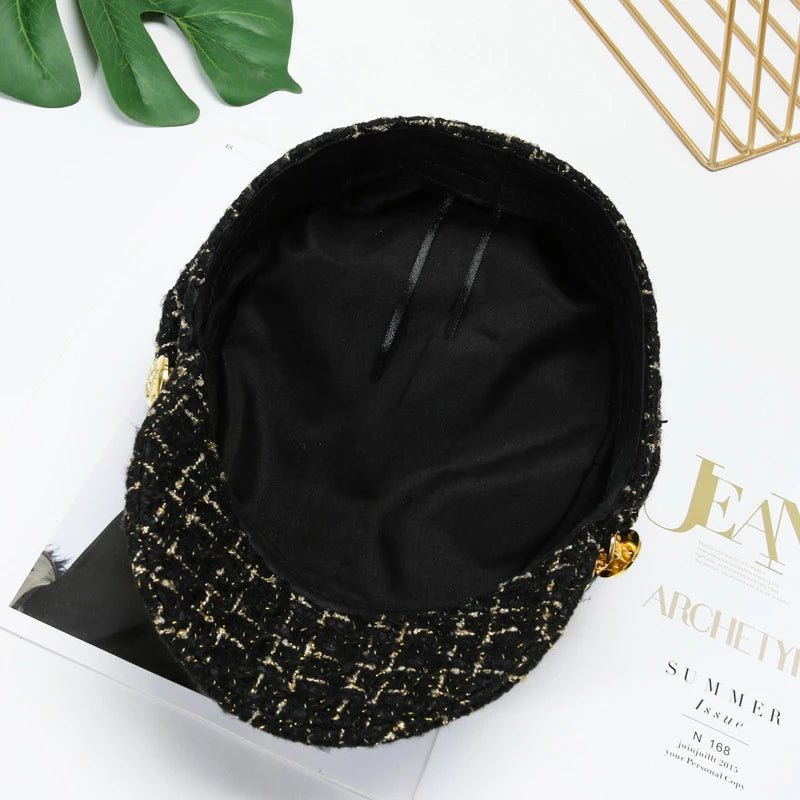 Pearl Chain Flat Top Navy Hat Fashion Beret Newsboy Caps Berret Woman Octagonal Hats Women's Designer Apparel