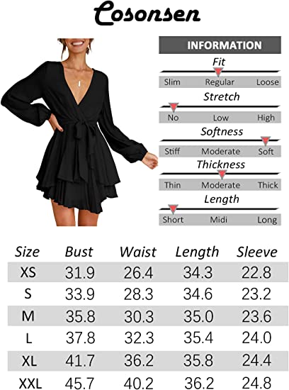 Cosonsen Women's Dress Deep V-Neck Long Sleeve Waist Tie Ruffle Mini Swing Skater Dresses
