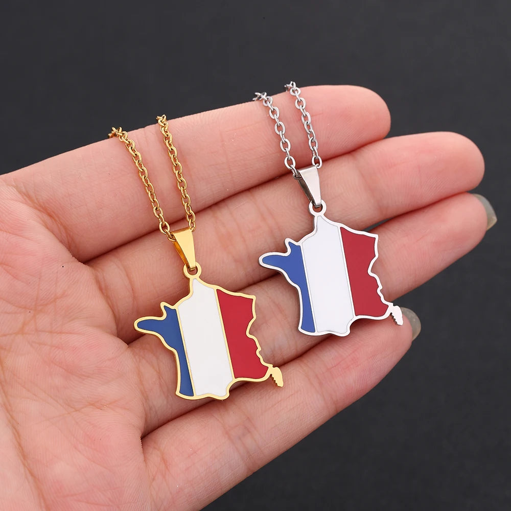 New France Map Flag Pendant Necklace Stainless Steel For Women Men Gold Silver Color Charm Fashion French Jewelry Gifts