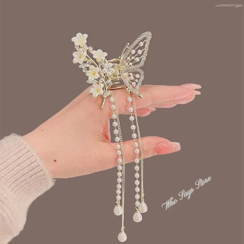 Exquisite Rhinestone Butterfly Fringe Hair Claw Clips Korean New Ponytail Braid Pearl Hairpin Girl Crab Metal Headdress Gift