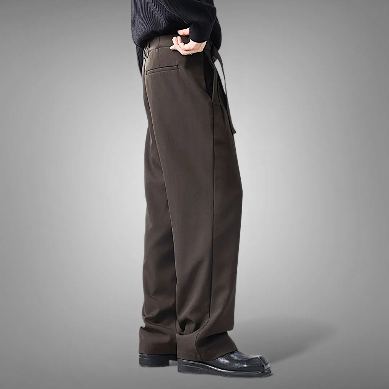 Pleated straight leg trousers with self belt