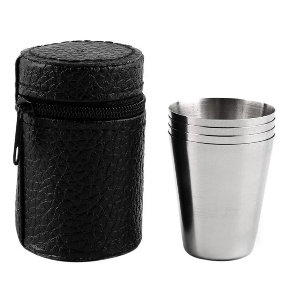 &4Pcs/set Polished 30ML Mini Stainless Steel Shot Glass Cup Wine Drinking Glasses With Leather Cover Bag For Home Kitchen Bar