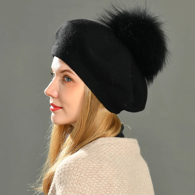 Jaxmonoy Winter Female Beret Women Hat Big Real Raccoon Fur Pompom Beret Wool Cashmere Natural Fur Ball Fashion Beret Cap Female