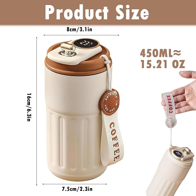 450-ml Stainless Steel Insulated Coffee Mug with Temperature Display Lid