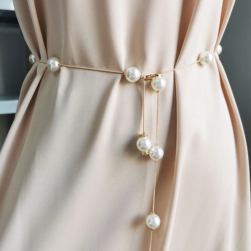 Elegant Pearl Women's Belt Simple Adjustable Metal Thin Chain Belt For Ladies Dress Skinny Waistband Decorative Jewelry