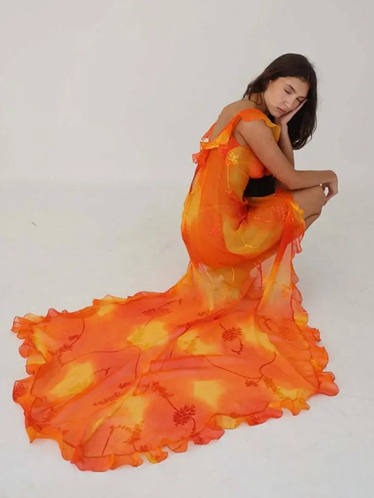 Orange Tie Dyed Printed Trailing Dress Low Cut Backless Ruffle High Split Long Dresses Summer Chic Female Party Evening Robe