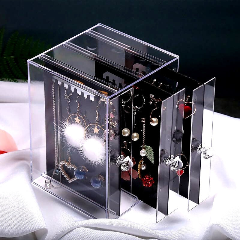 Portable Earrings Ring Display Stand Shelf Dustproof Acrylic Jewelry Storage Box Drawer Women Necklace Bracelet Organizer Case