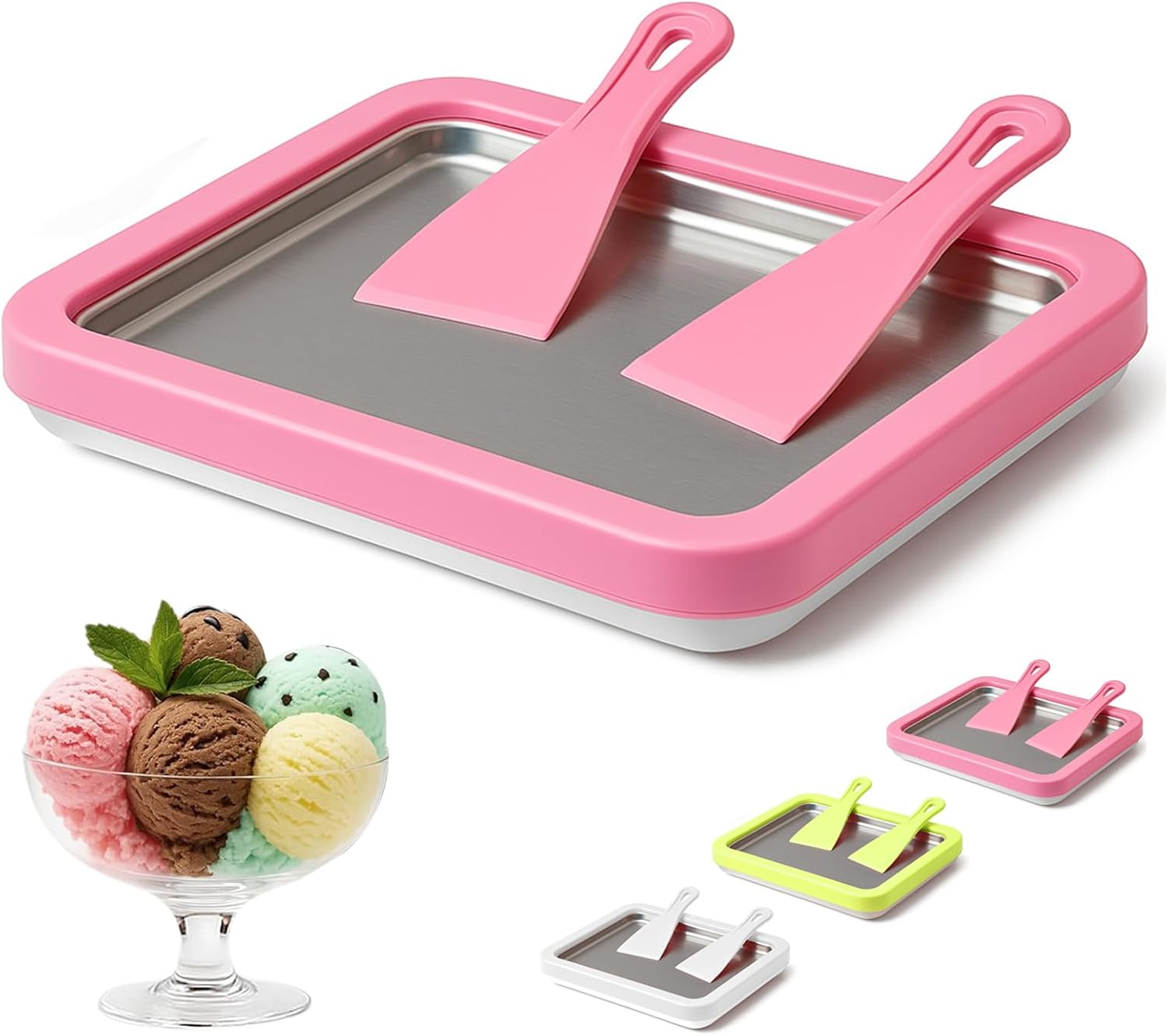 2026 New Rolled Ice Cream Maker Kids, Instant Freeze Plate with 2 Scrapers, DIY Homemade Ice Cream Tray, Yogurt, Sorbet, Food-Grade Stainless Steel, Fun Family Activity