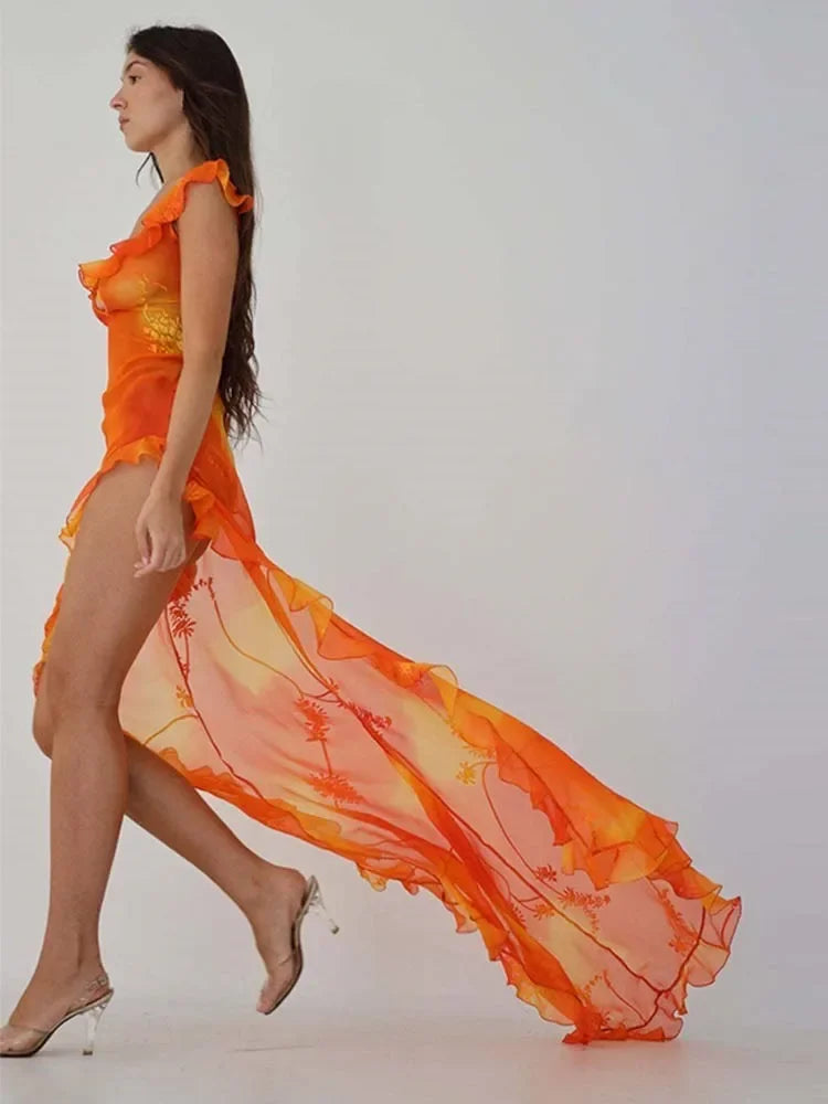 Orange Tie Dyed Printed Trailing Dress Low Cut Backless Ruffle High Split Long Dresses Summer Chic Female Party Evening Robe