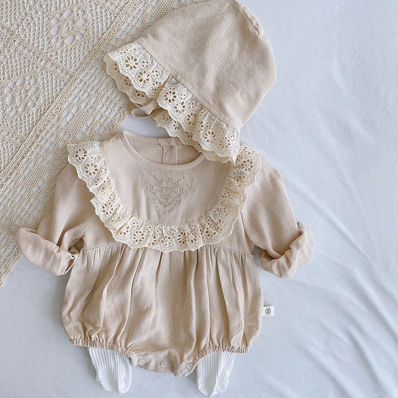 Infant Baby Girl Bodysuits+Hat Cotton Flower Embroidery Long Sleeve