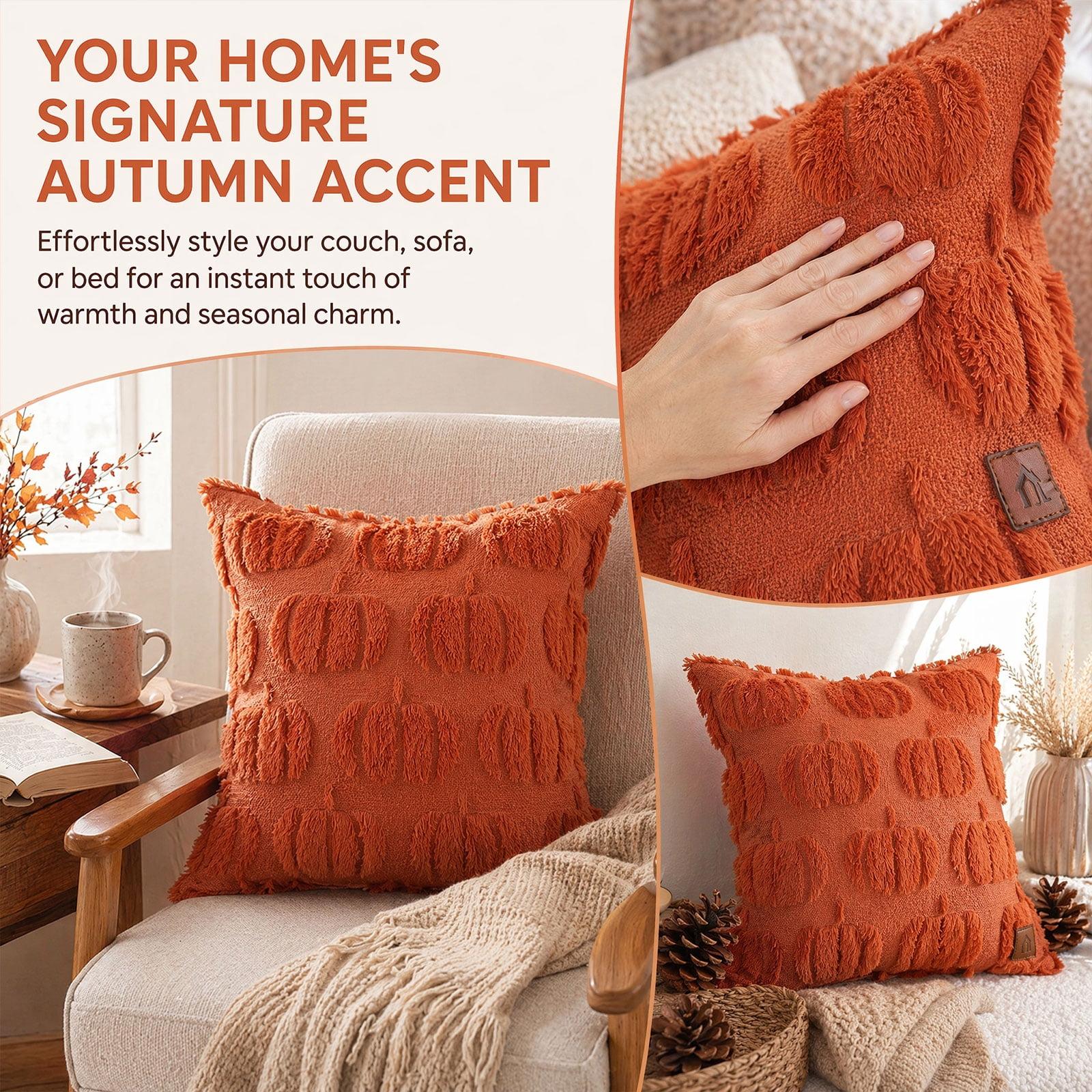 Halloween Throw Pillow Covers 18x18, Fall Decor Autumn Pumpkin Pillow, Soft Plush Faux Fur Cushion Cases for Couch Sofa Chair Caramel