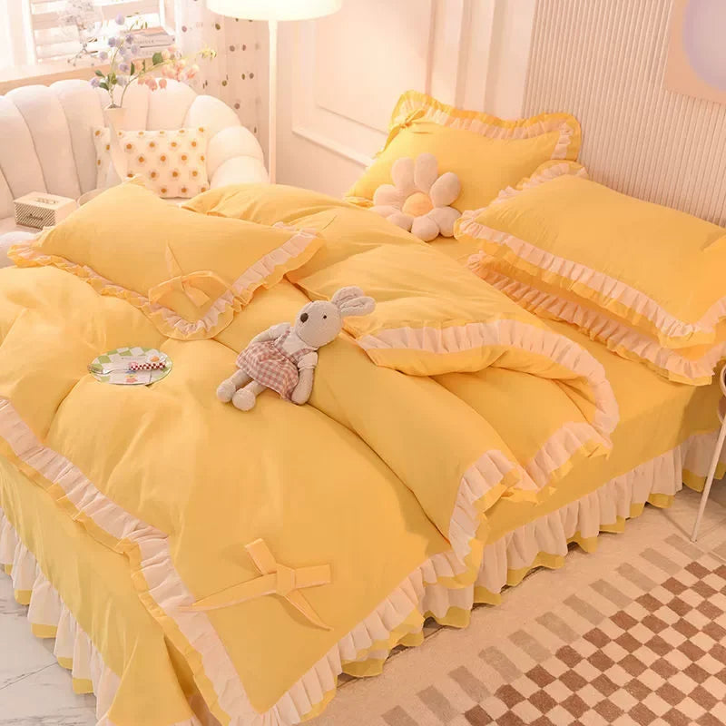 Purple Bedding Sets Kawaii Seersucker Bed Sheet Pillowcase Fashion Girl Princess Duvet Cover 4 Pieces Cute Home Decoration