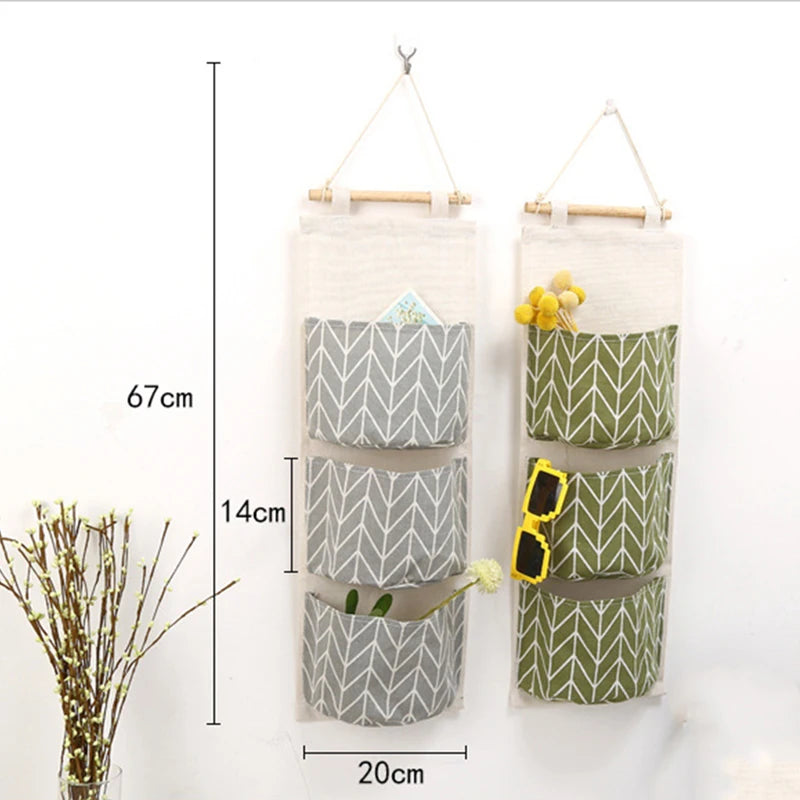 1pc Three Tier Cotton Linen Blend Hanging Bag,Creative Geo Pattern Multi-layer Moistureproof Sundries Hanging Pocket Behind Door