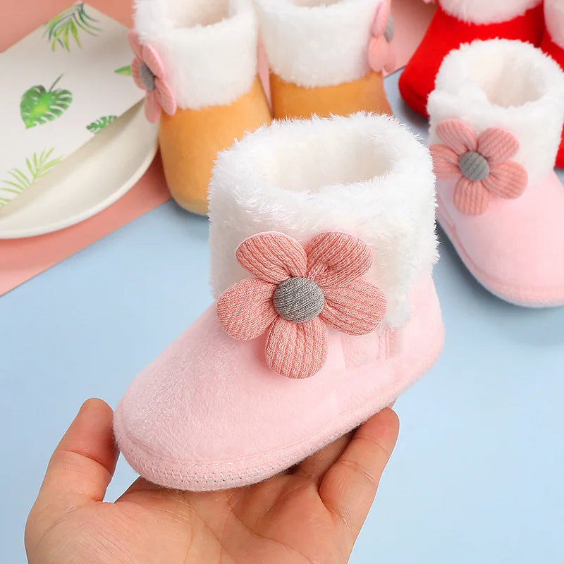 Lovely Flower Winter Snow Baby Boots 7-Colors Warm Fluff Balls Indoor Cottton Soft Rubber Sole Infant Newborn Toddler Baby Shoes