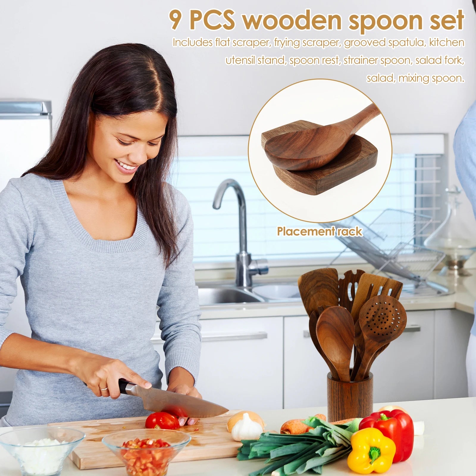 Wood Utensil Set Teak Wood Kitchen Cooking Utensil Set Kitchen Kit Practical Cookware Kit for Home Everyday Use