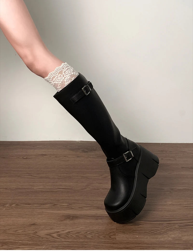 Platform Wedges Heel Women Knee High Boots Fashion Belt Buckle Slip On Long Booties Autumn Winter Female Shoes