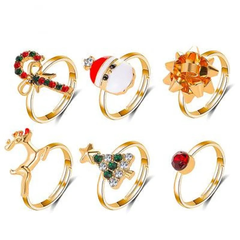 6Pcs/Set New Christmas Elk Santa Ring For Women Fashion Cute Gold Color Drip Glaze Adjustable Finger  Holiday Party Jewelry