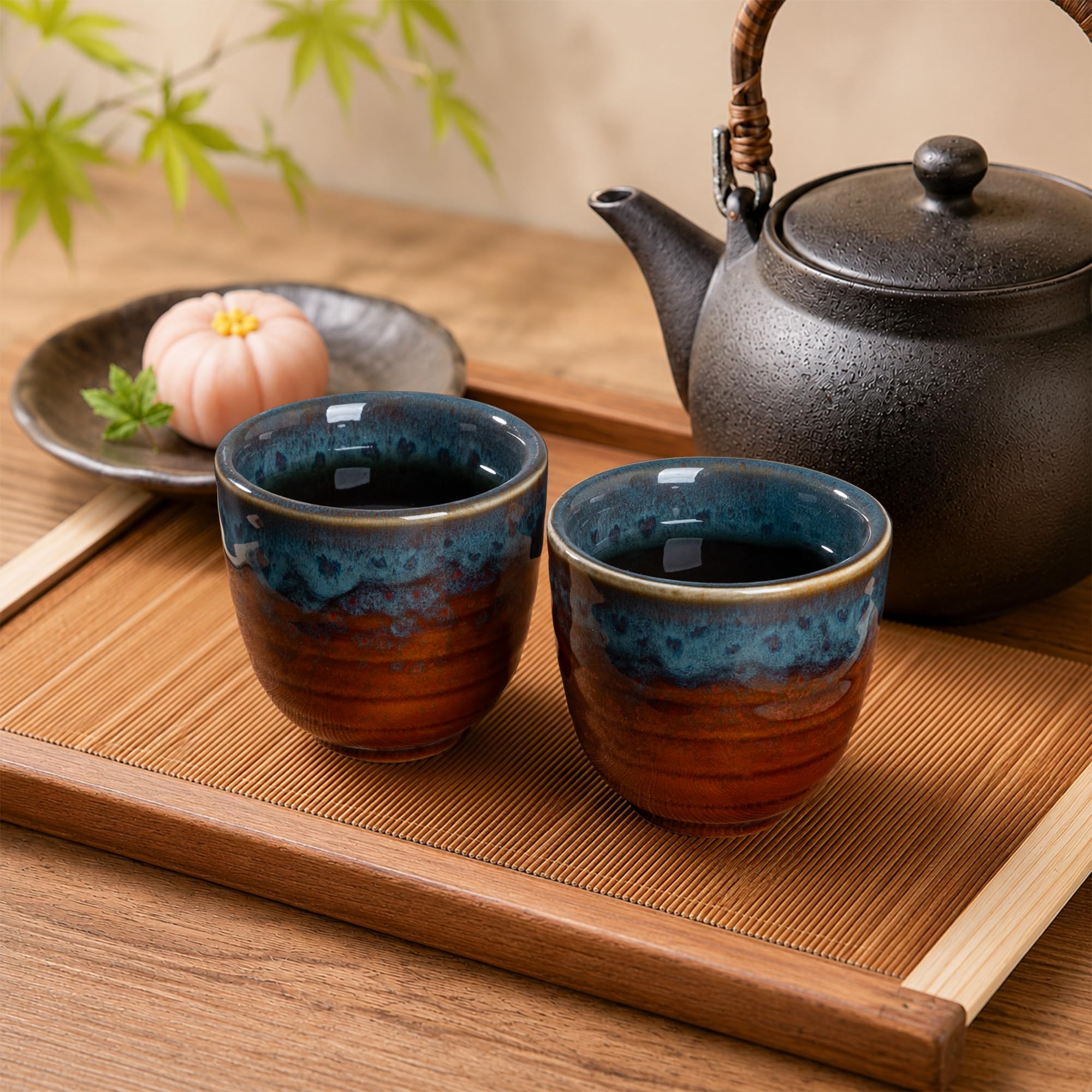 Ceramic Japanese Tea Cups, 5 oz Tea Cup, Asian Teacup, Teacups, Set of 2 (Peacock Tail, 2 pcs)