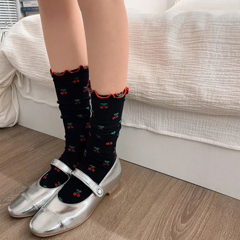 Lolita Sweet Girls Ruffles Socks Cherry Print JK Japanese Style Kawaii Cute Socks Women Fashion Harajuku Streetwear Long Socks