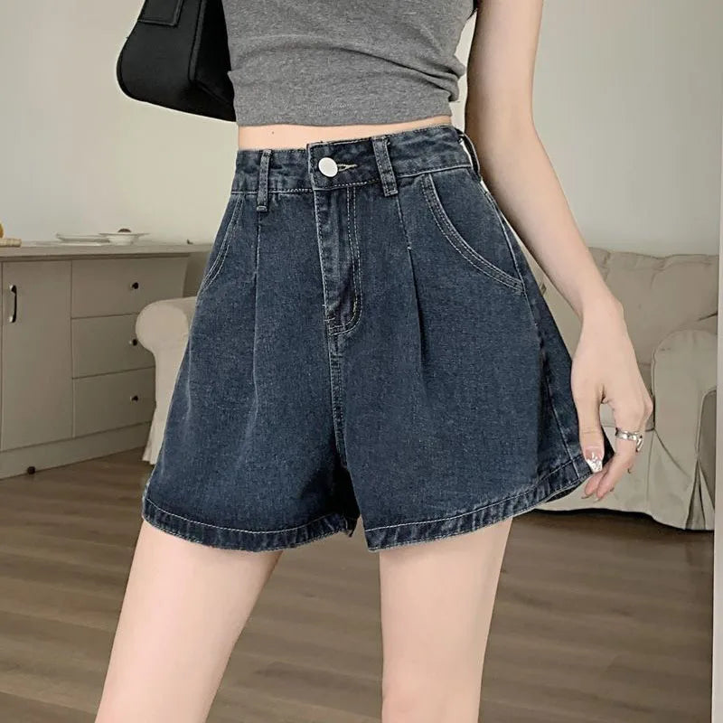 Lucyever Wide Leg Jeans Shorts Women Summer High Waist Loose Vintage Blue Denim Shorts Woman Korean Wild A-Line Short Pants