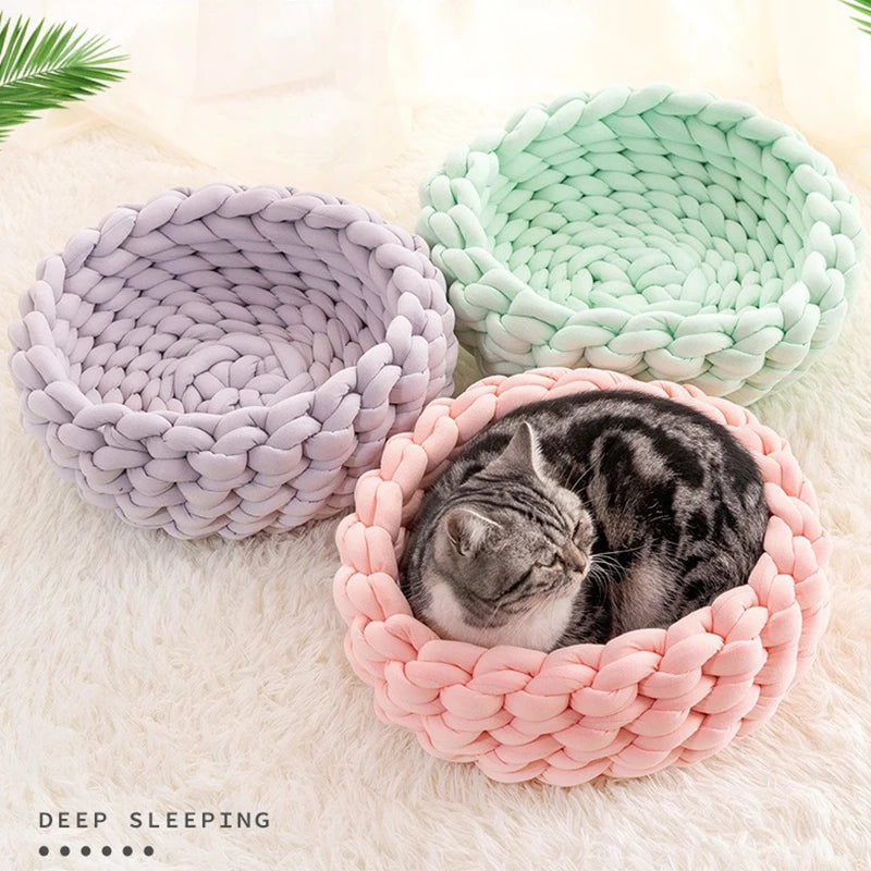 New Hand Woven Cat Nest Soft Shaggy Mat Indoor Dog Cat Bed Round Cat Cushion Warm Cat Sleep Basket Cat Kennel For Small Dog Cat