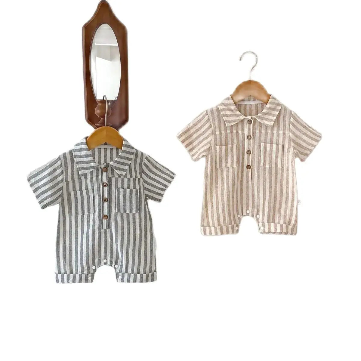 2024 Summer Infant Striped Baby Boys Rompers Short Sleeve Muslim Babe Boys Polo Bodysuit Thin Loose Newborn Boys Outfits