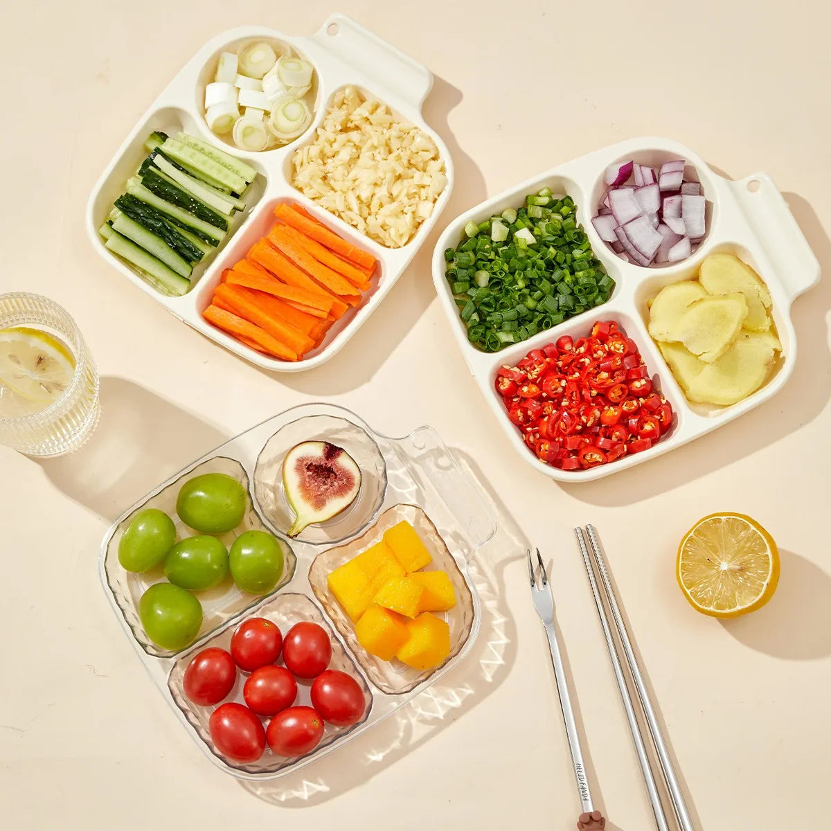 4-Compartment Cute Children Food Plate Dishes Reusable Plastic Snack Dessert Salad Plate Fruit Tray Tableware Dishwasher Safe