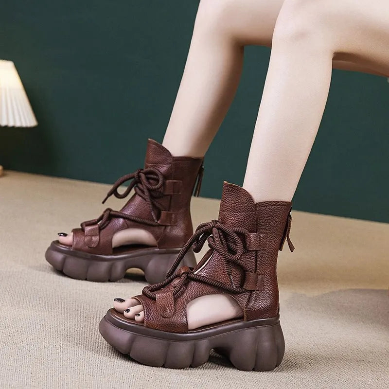 Genuine PU Leather Zip Retro Shoes Women Sandals 2024 New Ankle Boots Summer Handmade Hollow-out Lace-up Casual Platform Sandals