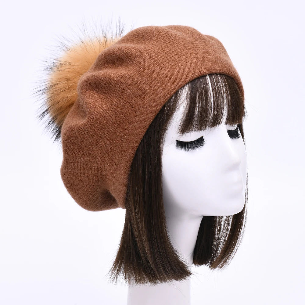 Jaxmonoy Winter Female Beret Women Hat Big Real Raccoon Fur Pompom Beret Wool Cashmere Natural Fur Ball Fashion Beret Cap Female