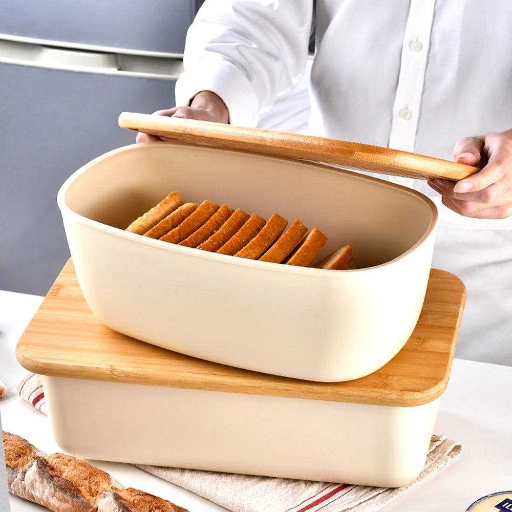 1Pcs Bread Storage Box Storage Container Bread Box Dessert Snack Breadbasket Food Container with Bamboo Lid for Home Kitchen