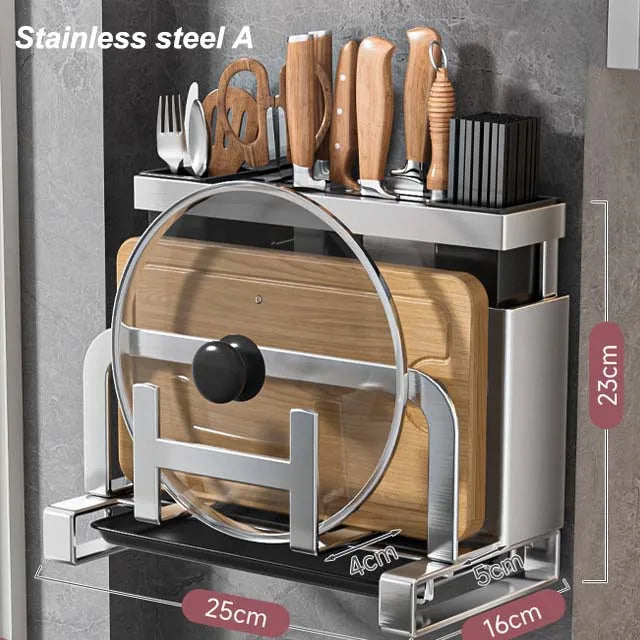 Knife Rack Multifunctional Kitchen Chopstick Rack Pot Lid Chopping Board Storage Racks No-Punch Kitchen Wall Mounted Shelf