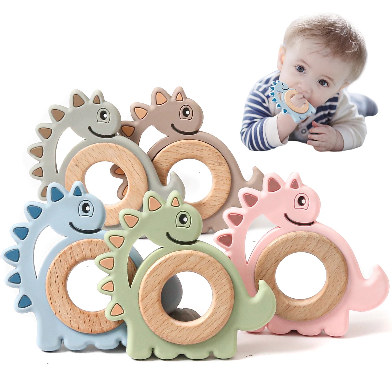 1PCS  New Animal Dinosaur Silicone Teether Beech Wooden Rattle Baby Oral Care Products Teether BPA-Free Teething Toys For Kids