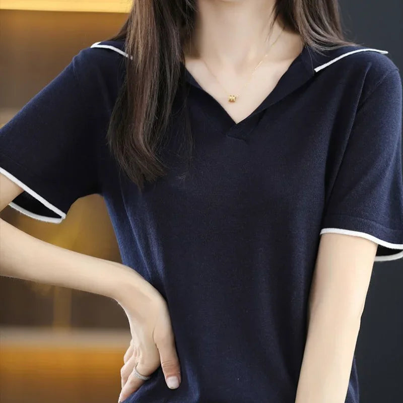 Women's T Shirts Polo Neck Shirt White Plain Knit Short Sleeve Tee Clothes Top Polyester Cotton Synthetic Summer 2024 Trend New