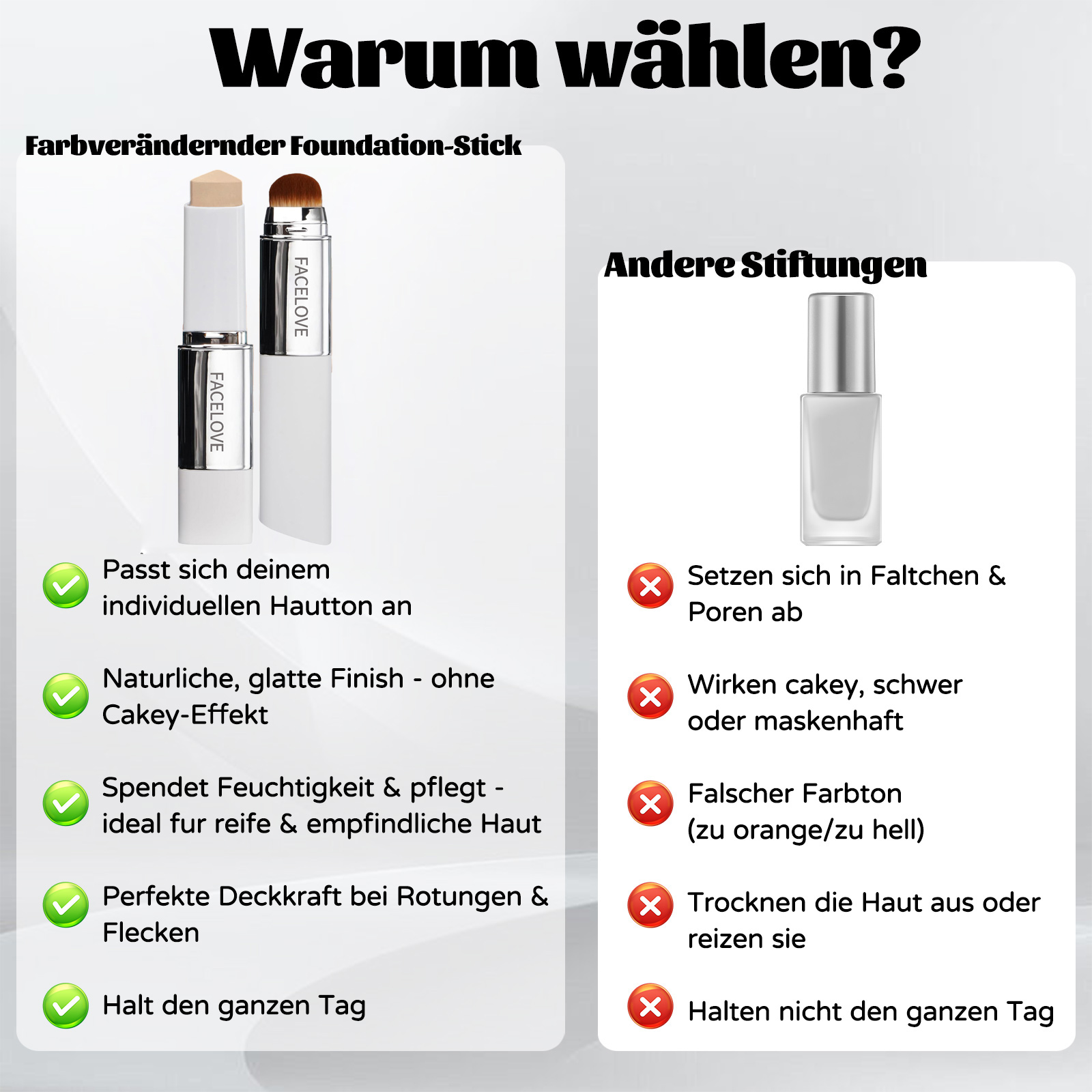 Facelove Foundation Stick mit Pinsel, 2026 Facelove Veränderbares Foundation-duo mit lsf 15, 12 Stunden Halt und Natürlicher, Feuchtigkeitsspendender, Lang Anhaltender für Alle Hauttypen