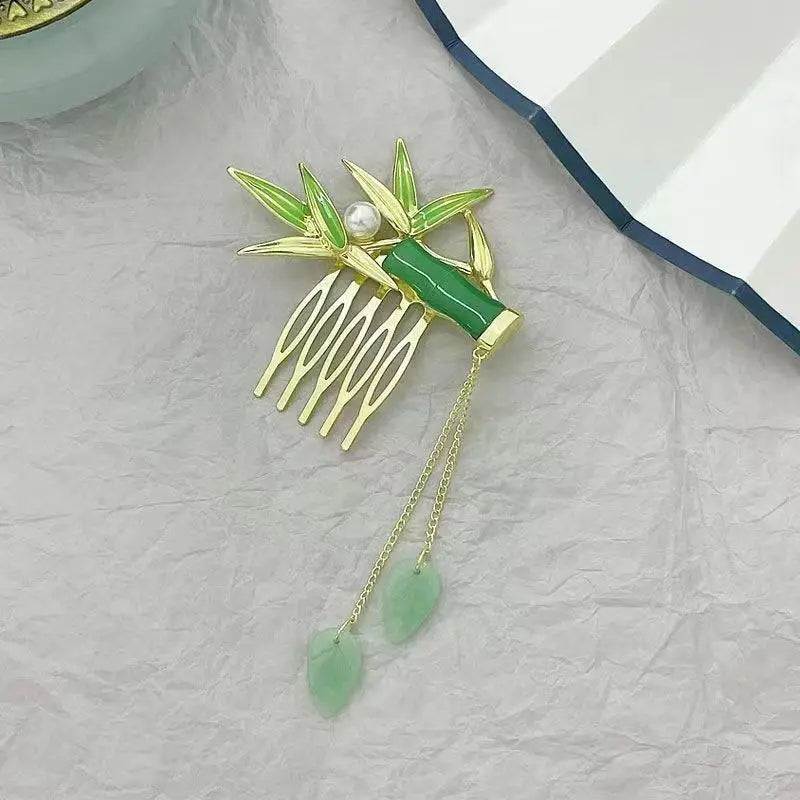 Dark Blue Butterfly Hair Comb Clip Chinese  Ancient Hairpin for Women Bamboo Flower Leaf Designer Tassel Hair Clips Styling Tool