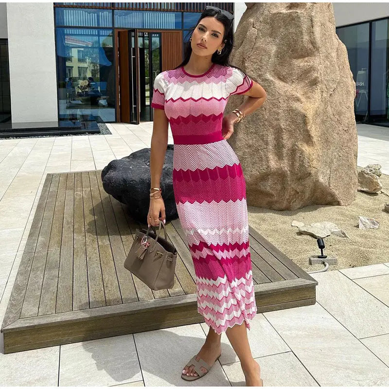 Women Contrast Knitted Slim Maxi Dress Fashion Round Neck Short Sleeve Dresses 2024 Autumn Elegant Lady Vacation Street Vestido