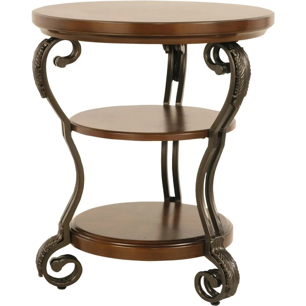 Traditional Hand-Finished Chairside End Table with 2 Fixed Shelves, Dark Brown