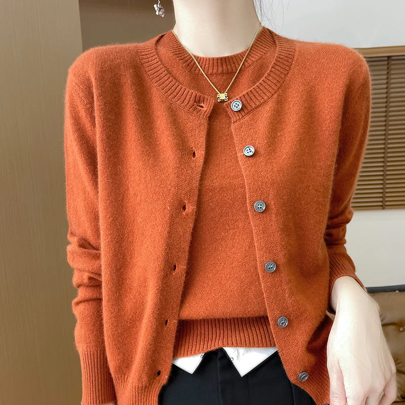 Women's Two-piece Sweater Autumn Winter New 100% Merino Wool Round neck Knitted Cardigan Fashionable Solid Color Suit Tops