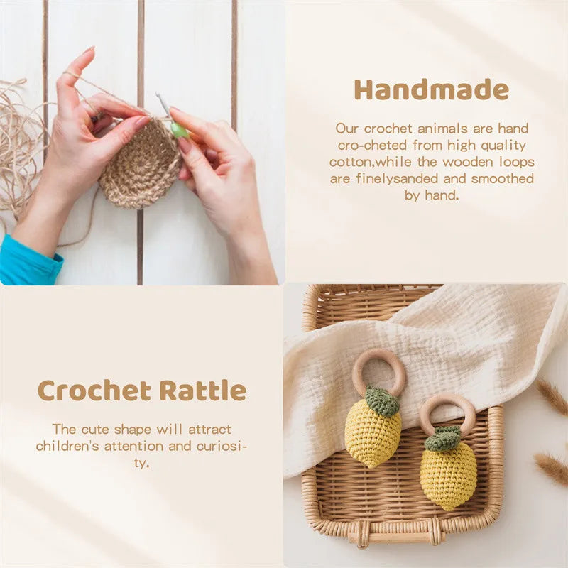 1PC Baby Ratter Toys Wooden Fruit Crochet Ringing Teether BPA Free Lemon Rainbow Rings Newborn Montessori Teether Kid Toys Gifts