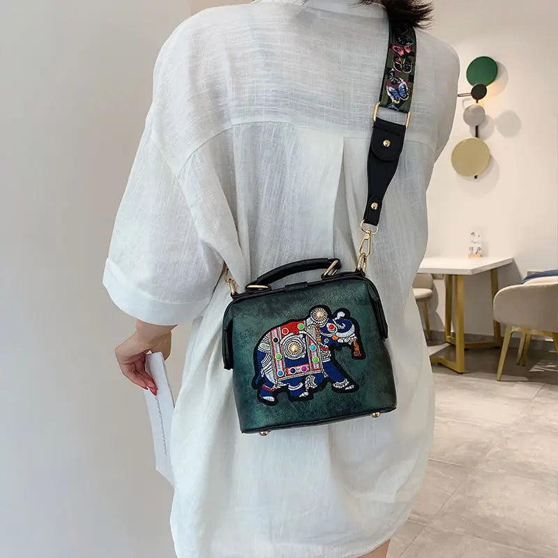 Vintage Embroidery Elephant Bag Bags Wide Butterfly Strap PU Leather Women Shoulder Crossbody Bag Tote Women's Handbags Purses