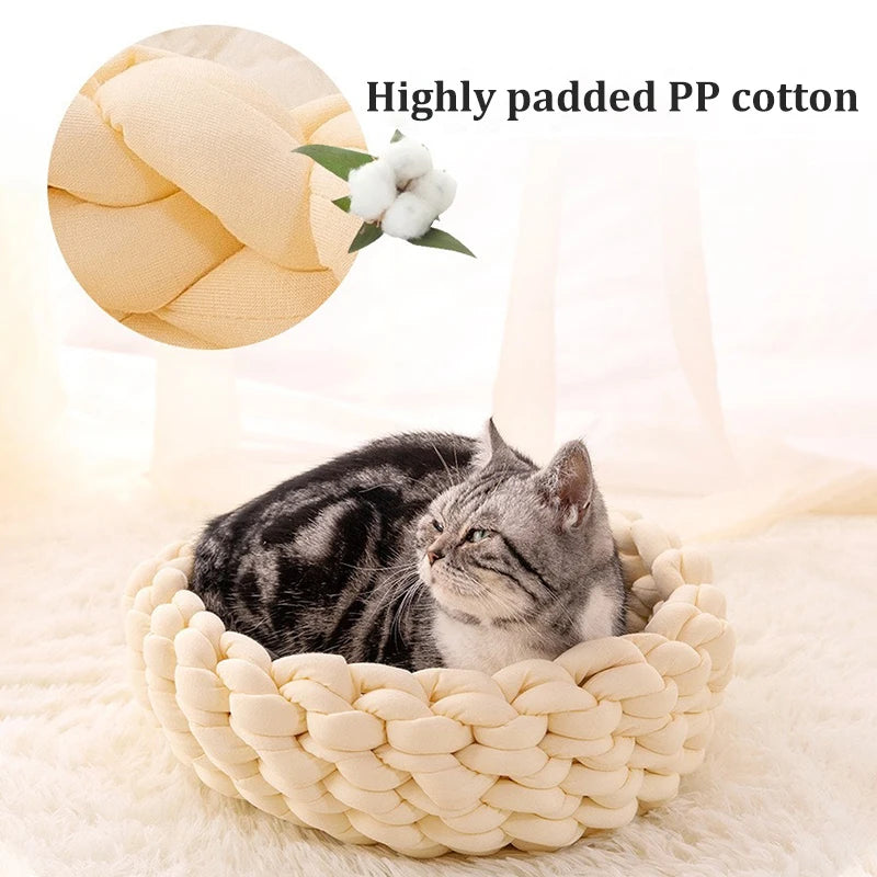 New Hand Woven Cat Nest Soft Shaggy Mat Indoor Dog Cat Bed Round Cat Cushion Warm Cat Sleep Basket Cat Kennel For Small Dog Cat