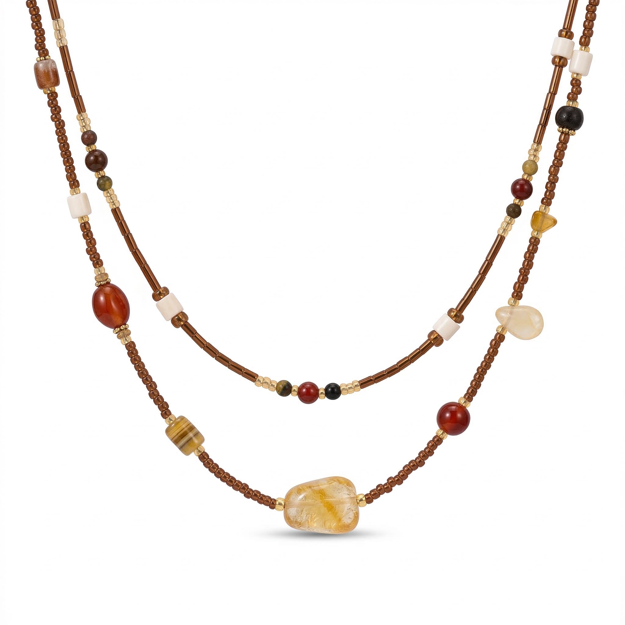 Layered Earth-Tone Beaded Necklace