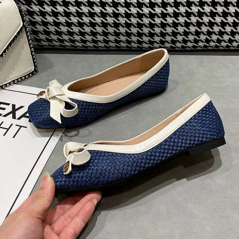 Women's Shoes 2024 New Woven Bow Square Toe Women's Ballet Flats Female Soft Sole Large Fashion Women's Shoes Chaussure Femme